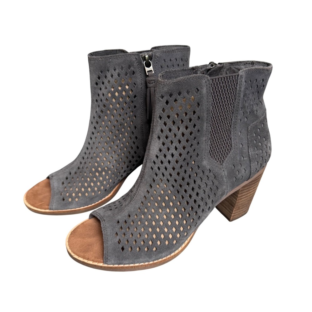 Toms Majorca Charcoal Grey Suede Perforated Peep Toe Ankle Booties 8.5‎